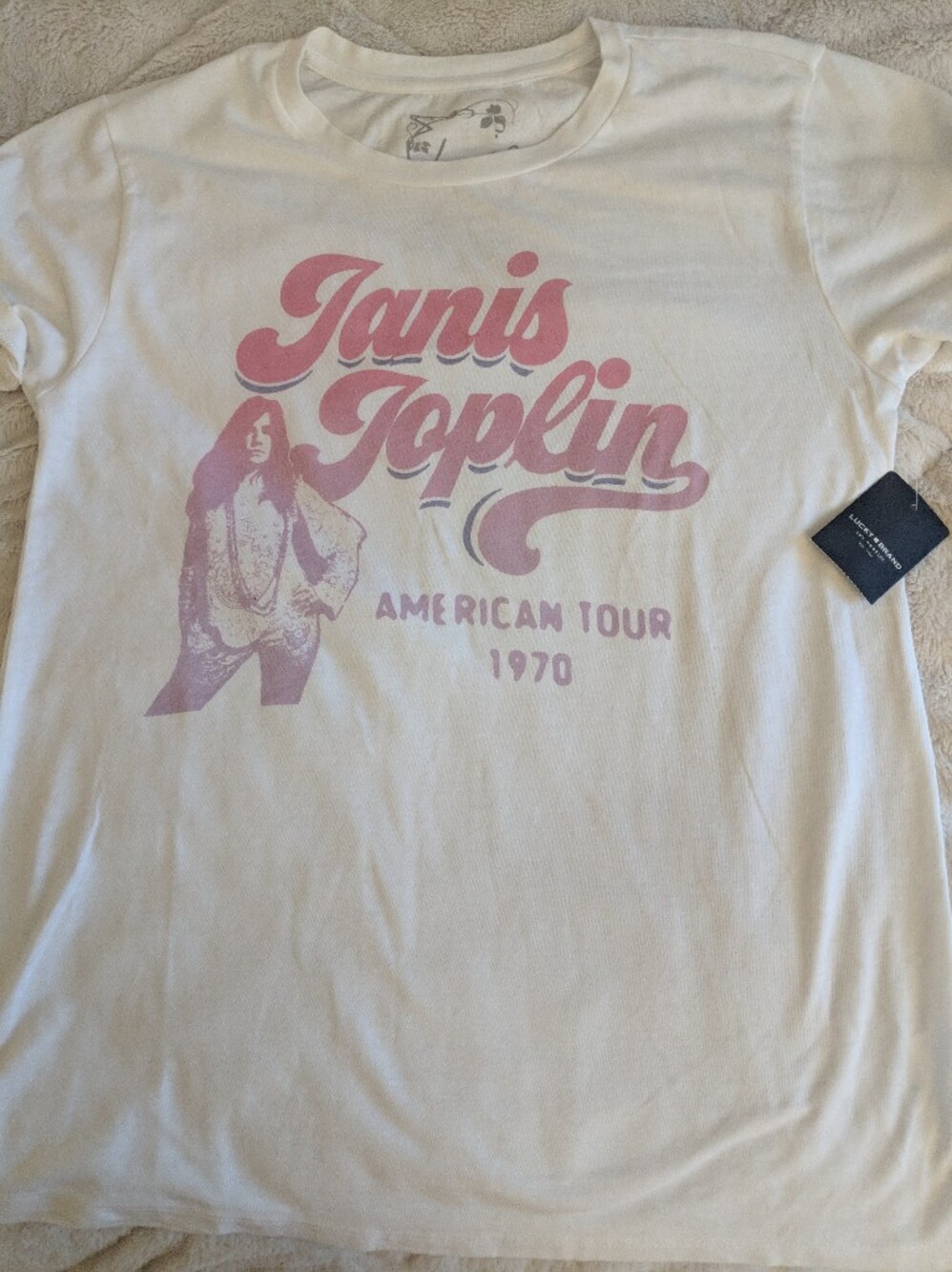 Lucky Brand White Tee with Pink Janis Joplin Graphic XS